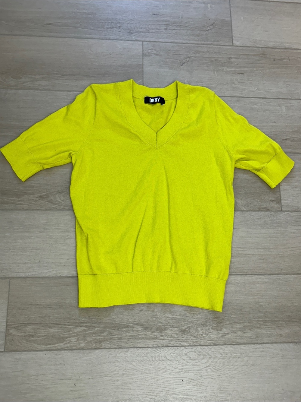 DKNY Neon Yellow V-Neck Short Sleeve Sweater